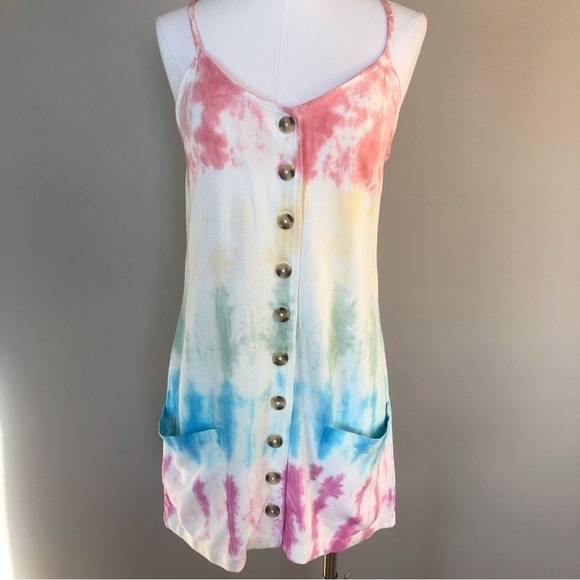 Rip Curl tie dye front button pockets spaghetti straps mini Spring Summer dress - Picture 1 of 12